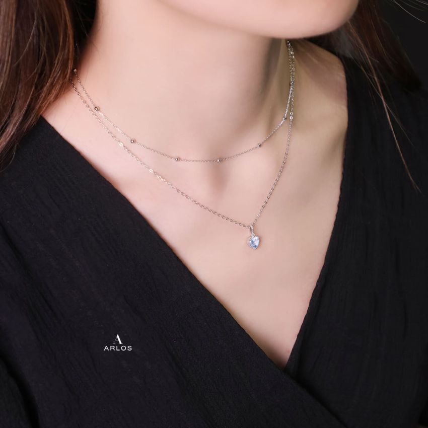 La Joie 藍月亮石心型頸鏈 (白金色)