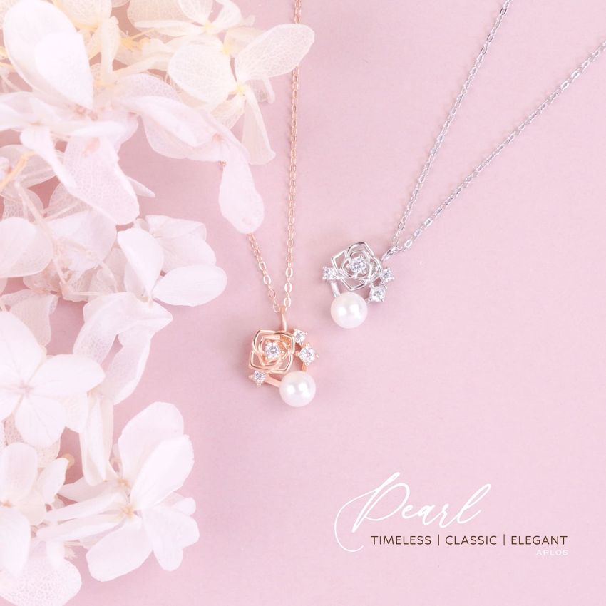 L'amour 浪漫玫瑰珍珠項鏈 (白金色)