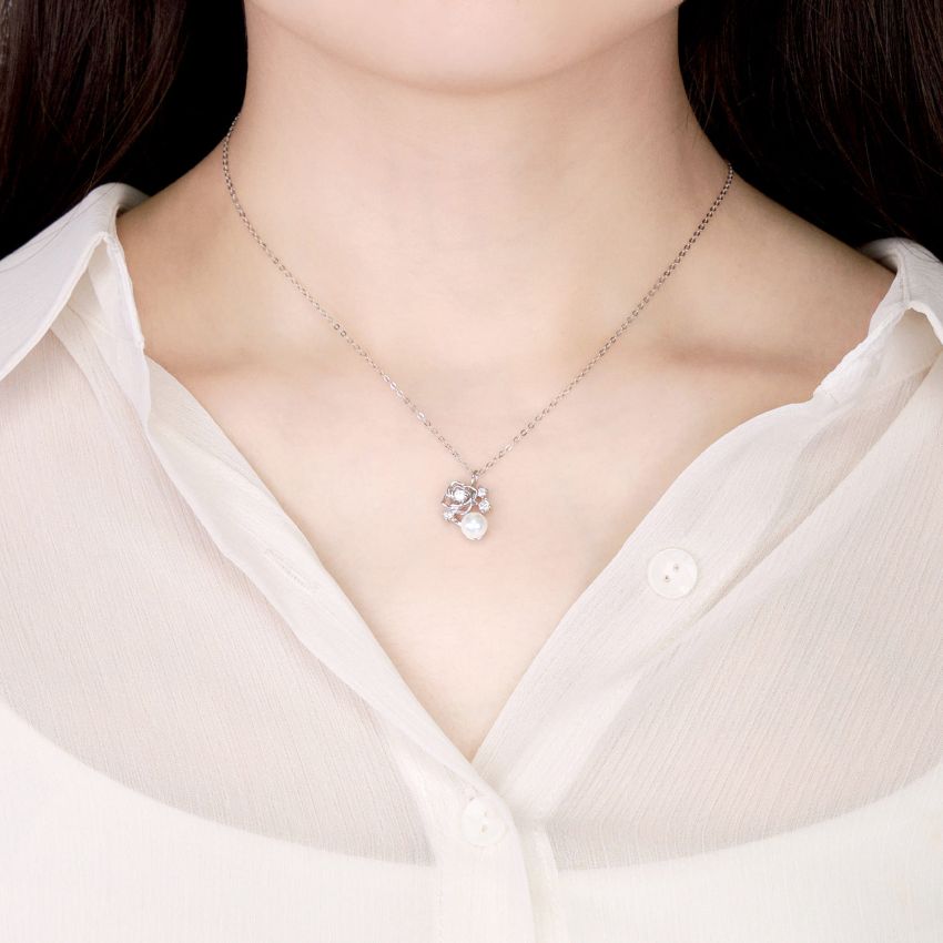 L'amour 浪漫玫瑰珍珠項鏈 (白金色)