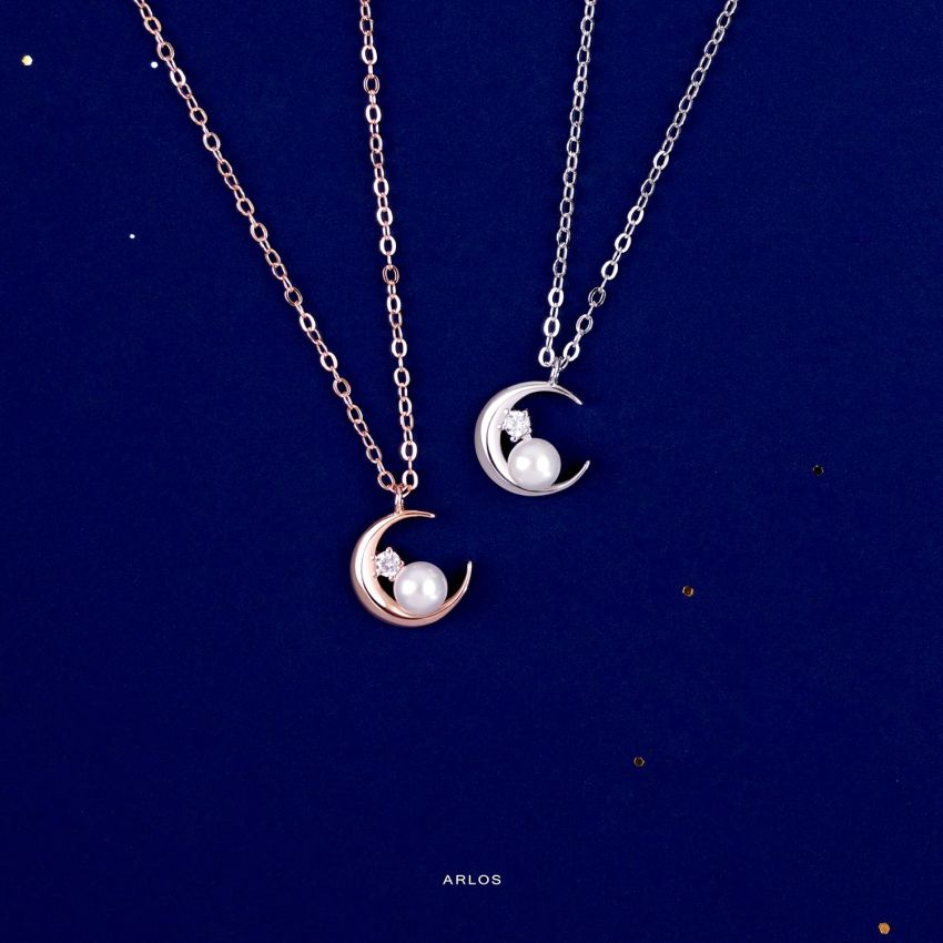 L'amour 優雅星月珍珠項鏈 (白金色)