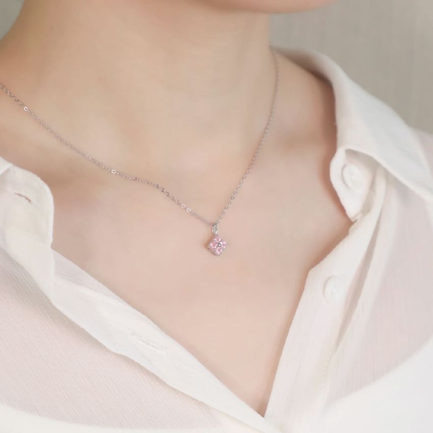 La Joie 粉紅碧璽四葉草頸鏈 (白金色)