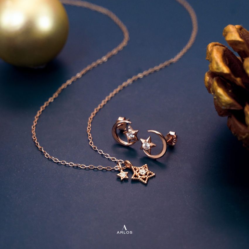 Aloha 閃爍星月耳環 (白金色)