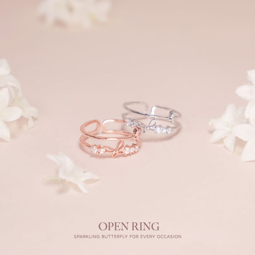閃爍蝴蝶雙層開口戒指 (白金色)