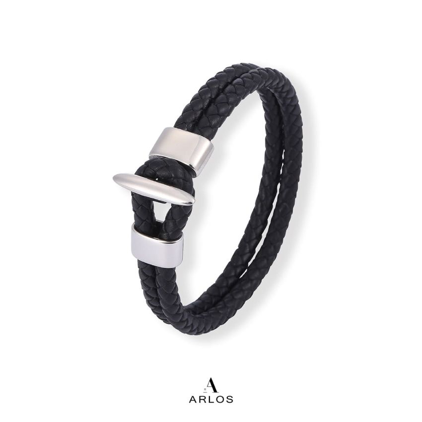 Noe 黑色編織皮繩 (白金色)