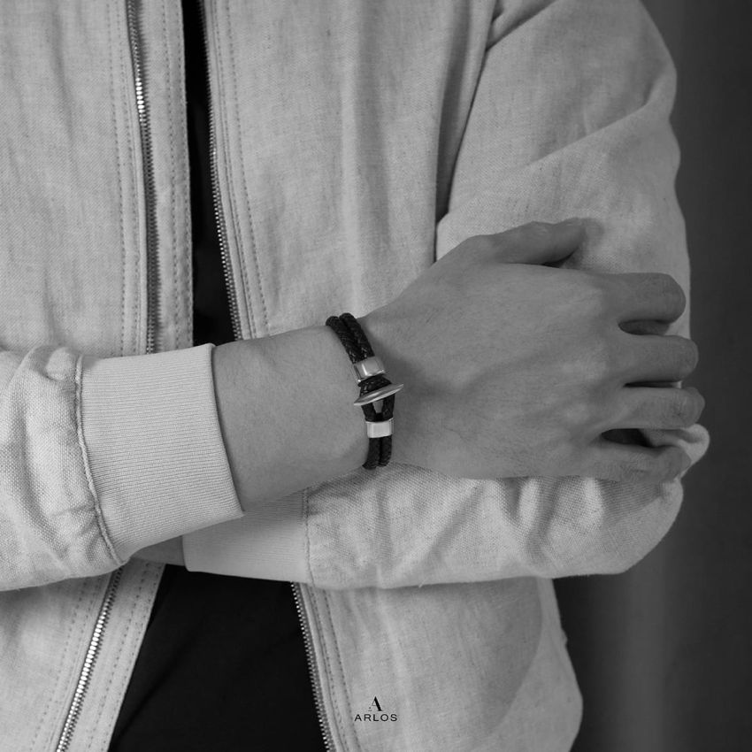 Noe 黑色編織皮繩 (白金色)