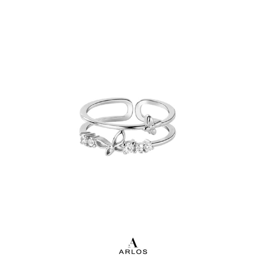 閃爍蝴蝶雙層開口戒指 (白金色)