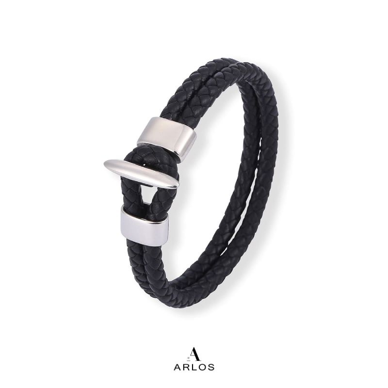 Noe 黑色編織皮繩 (白金色)