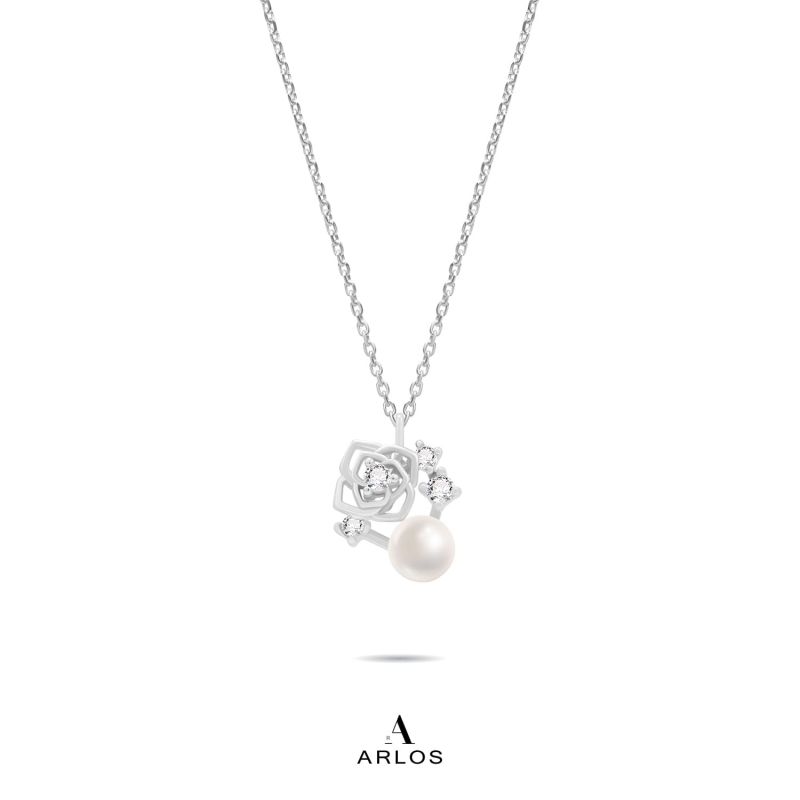 L'amour 浪漫玫瑰珍珠項鏈 (白金色)